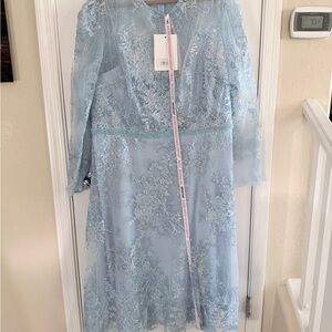 Mac Duggal 68020 Blue Embellished Illusion Long Sleeve Midi Dress Sz 24 NWT $498